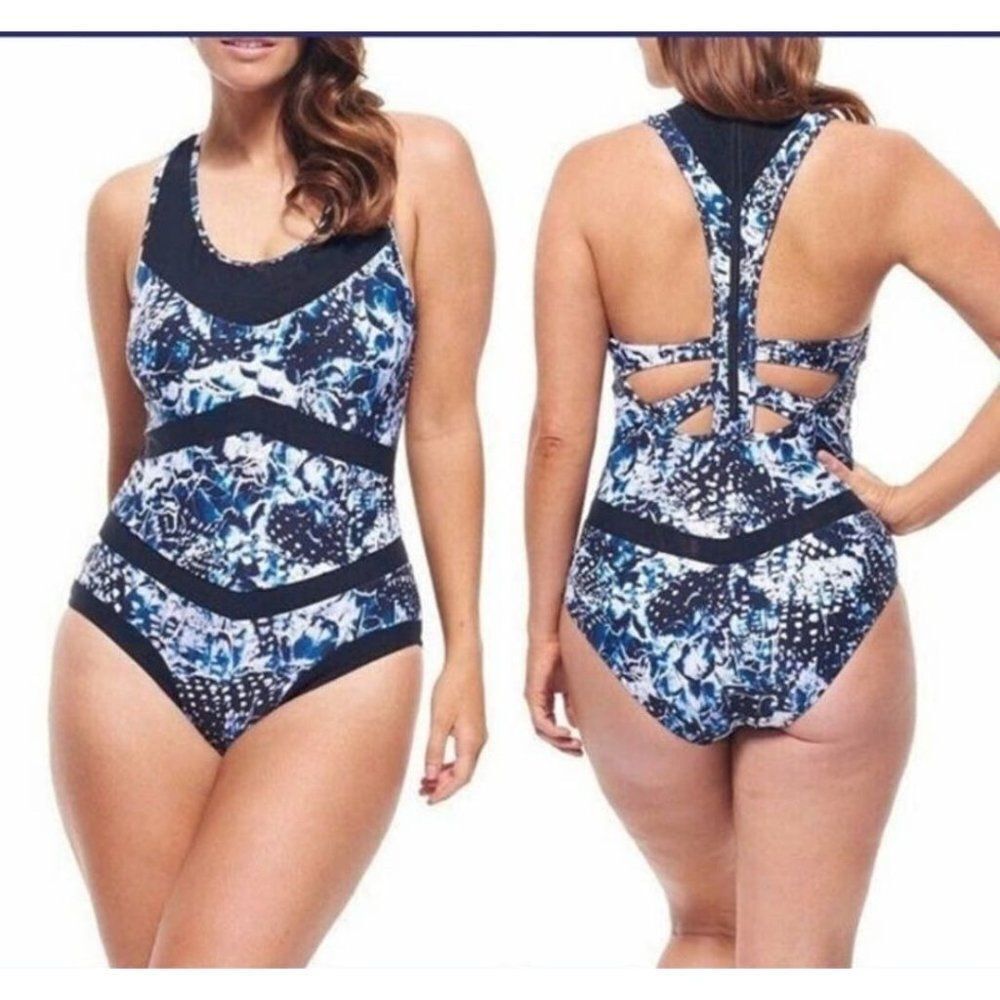 Robyn Lawley Broken Wings One Piece Swimsuit Blue Black Back Zipper Size 10